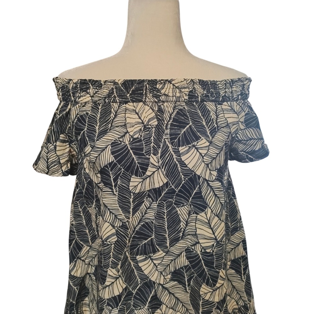Marine Layer Shirley Navy Blue White Palm Leaf Off Shoulder Ruffle Mini Dress M - Picture 7 of 16